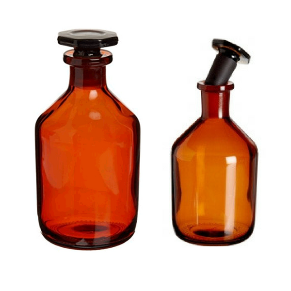 Reagent Bottles, Narrow Mouth, Flat Pressed Glass Stopper, Borosilicate AMBER Glass -  Science Lab Equipment | Science Equip Australia